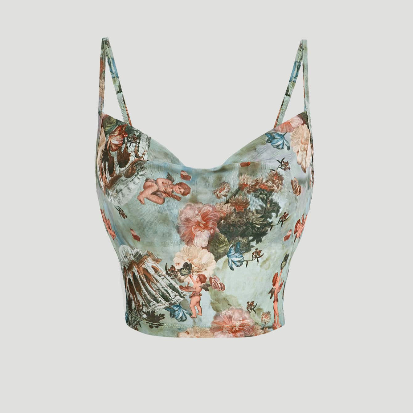 Top Camiseta Floral y ángel con drapaje delantero