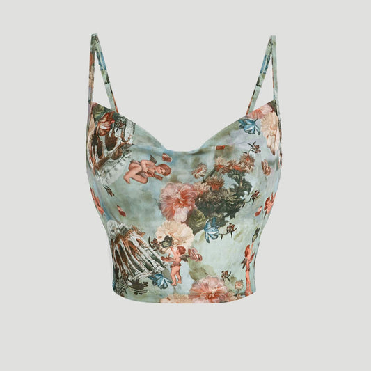 Top Camiseta Floral y ángel con drapaje delantero