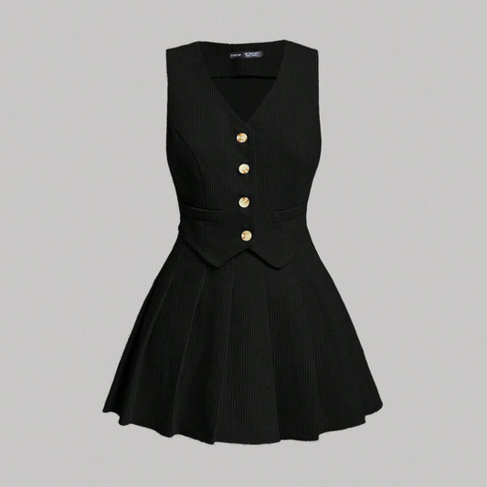 Traje de Vestido de Mujer de Corte Único y Falda Plisada
