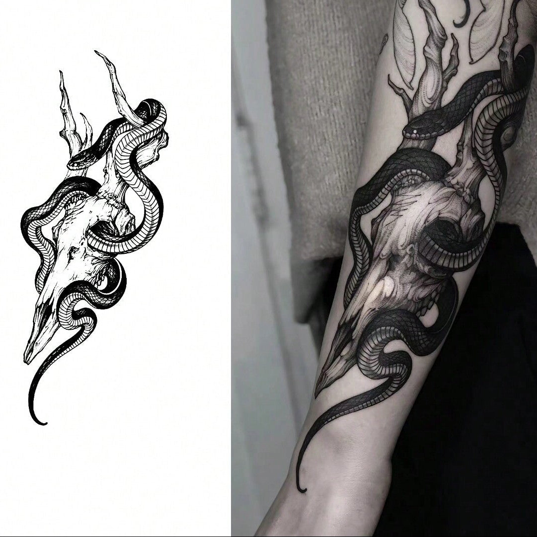 Tatuaje Temporal Serpiente y Hierbas 8x18 cm, 15 Días, Realista