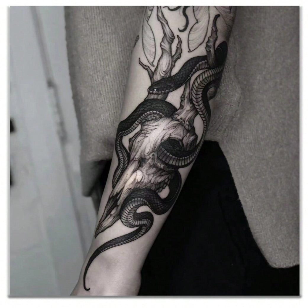 Tatuaje Temporal Serpiente y Hierbas 8x18 cm, 15 Días, Realista