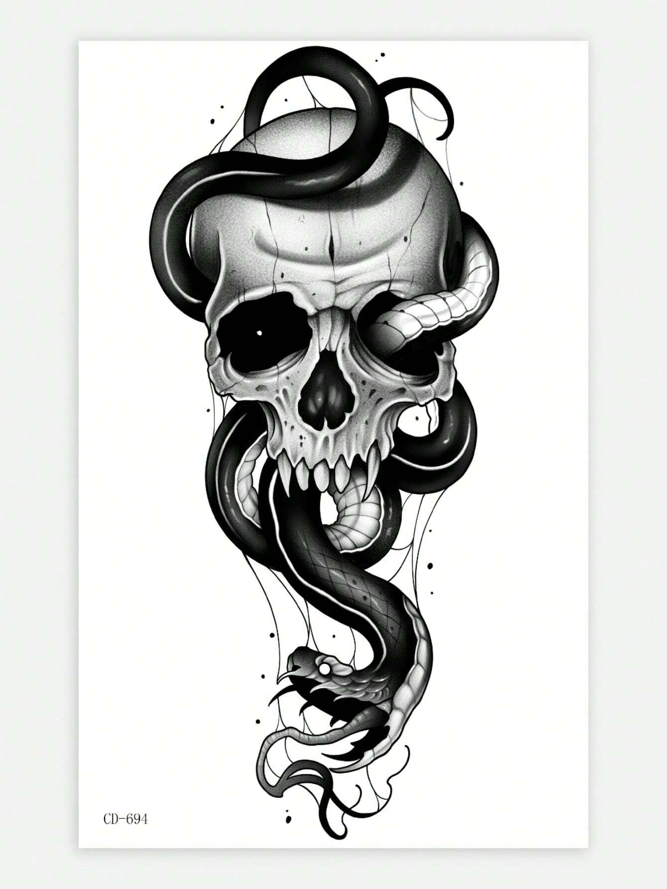 Sticker Temporal de Calavera y Serpiente Negro Resistente al Agua