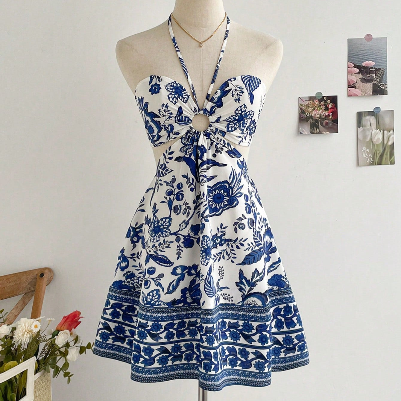 Vestido de flores azul y blanco SHEIN WYWH