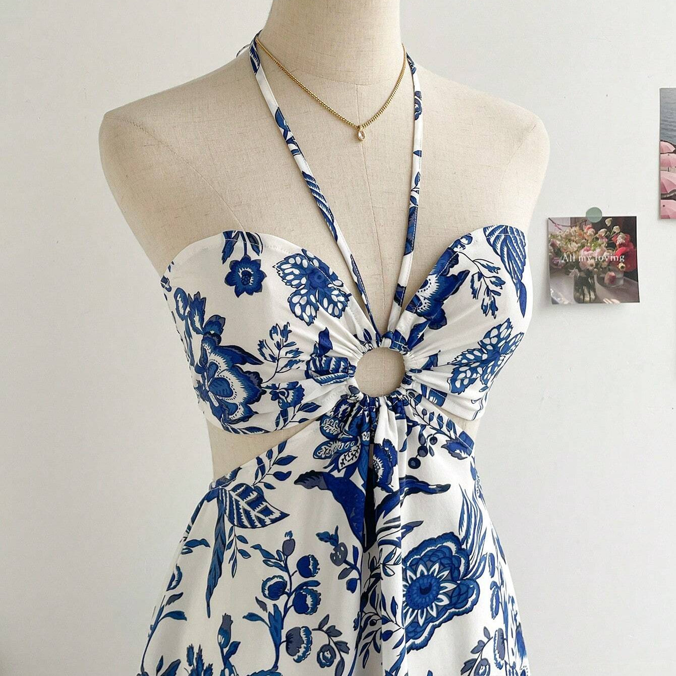 Vestido de flores azul y blanco SHEIN WYWH