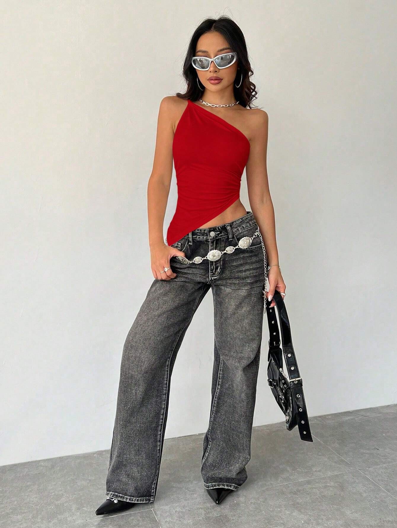TRNVIE Verano Moda Sólido Color Asimétrico Hombro Uno Top De La Moda