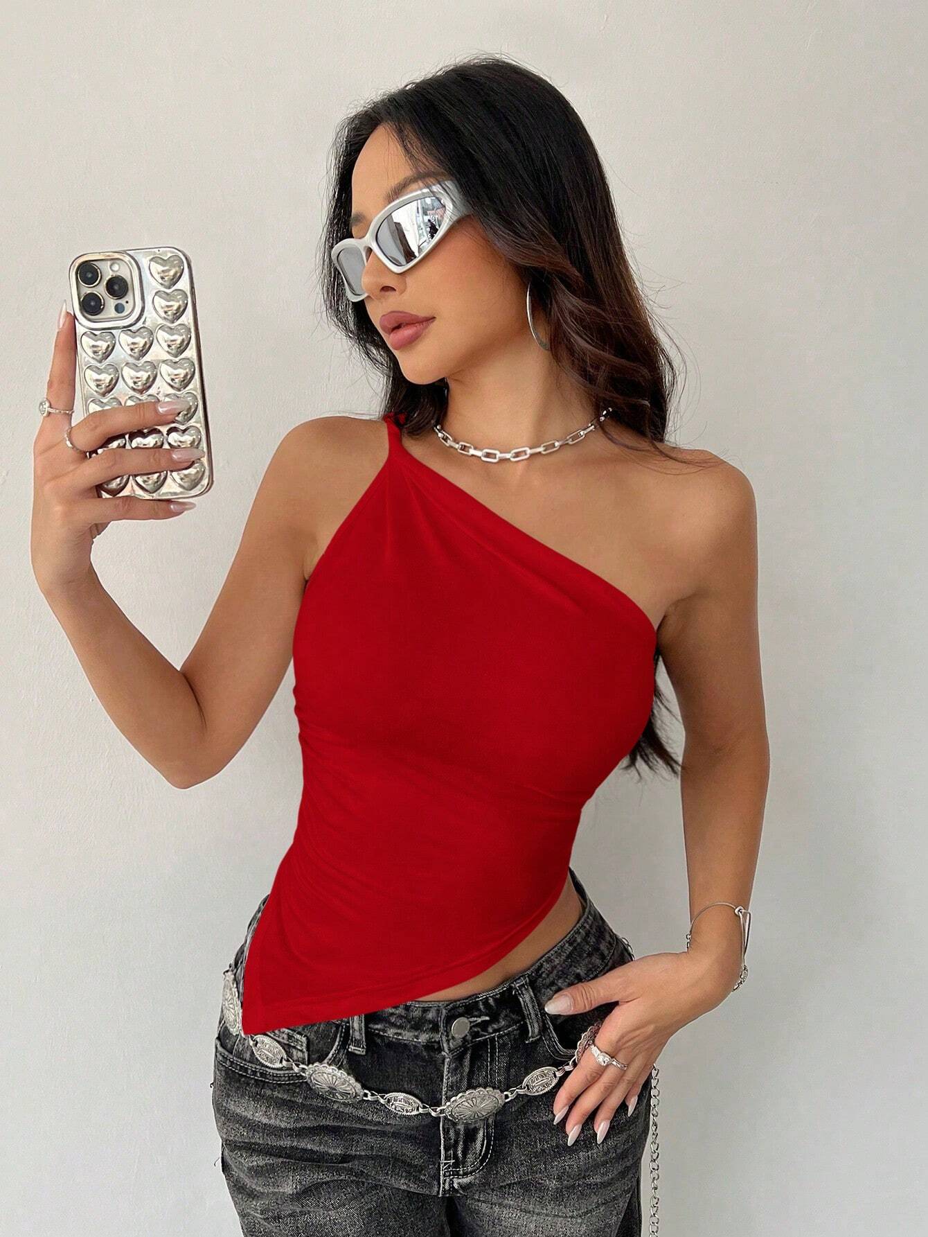 TRNVIE Verano Moda Sólido Color Asimétrico Hombro Uno Top De La Moda