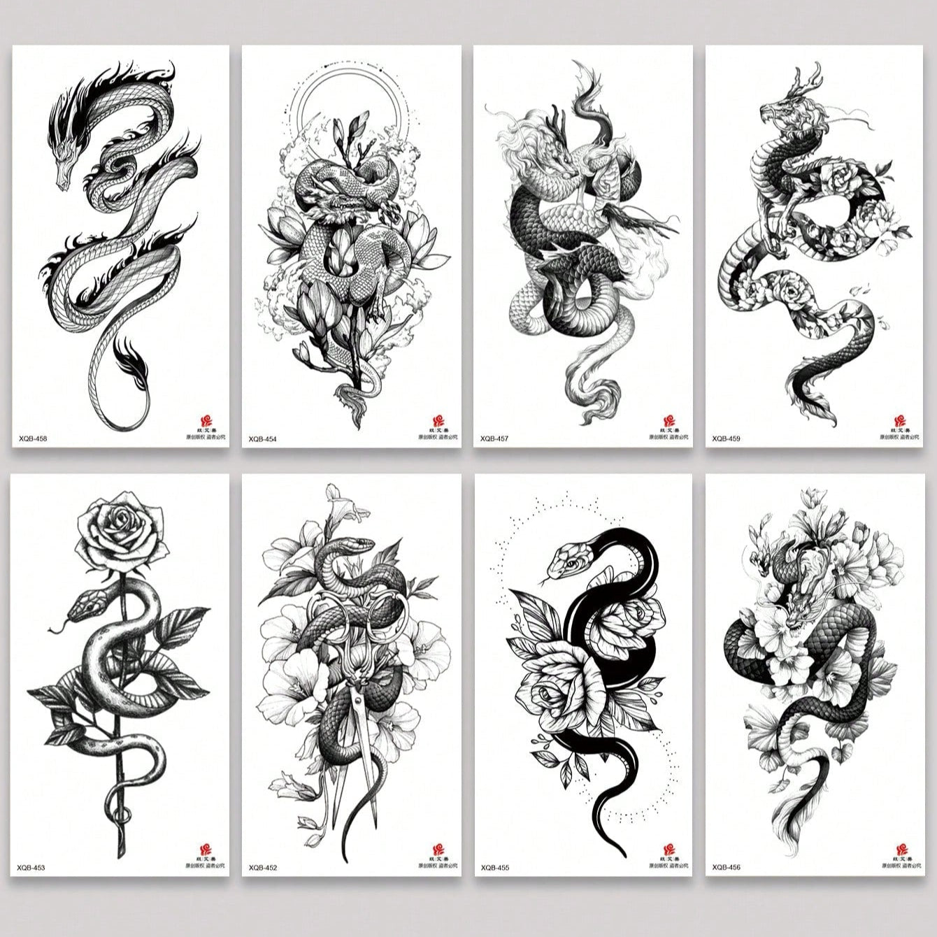 Tatuajes Temporales Impermeables Dragón Serpiente Cruz Rosa para Brazos y Piernas