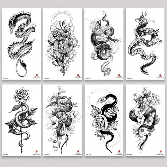 Tatuajes Temporales Impermeables Dragón Serpiente Cruz Rosa para Brazos y Piernas