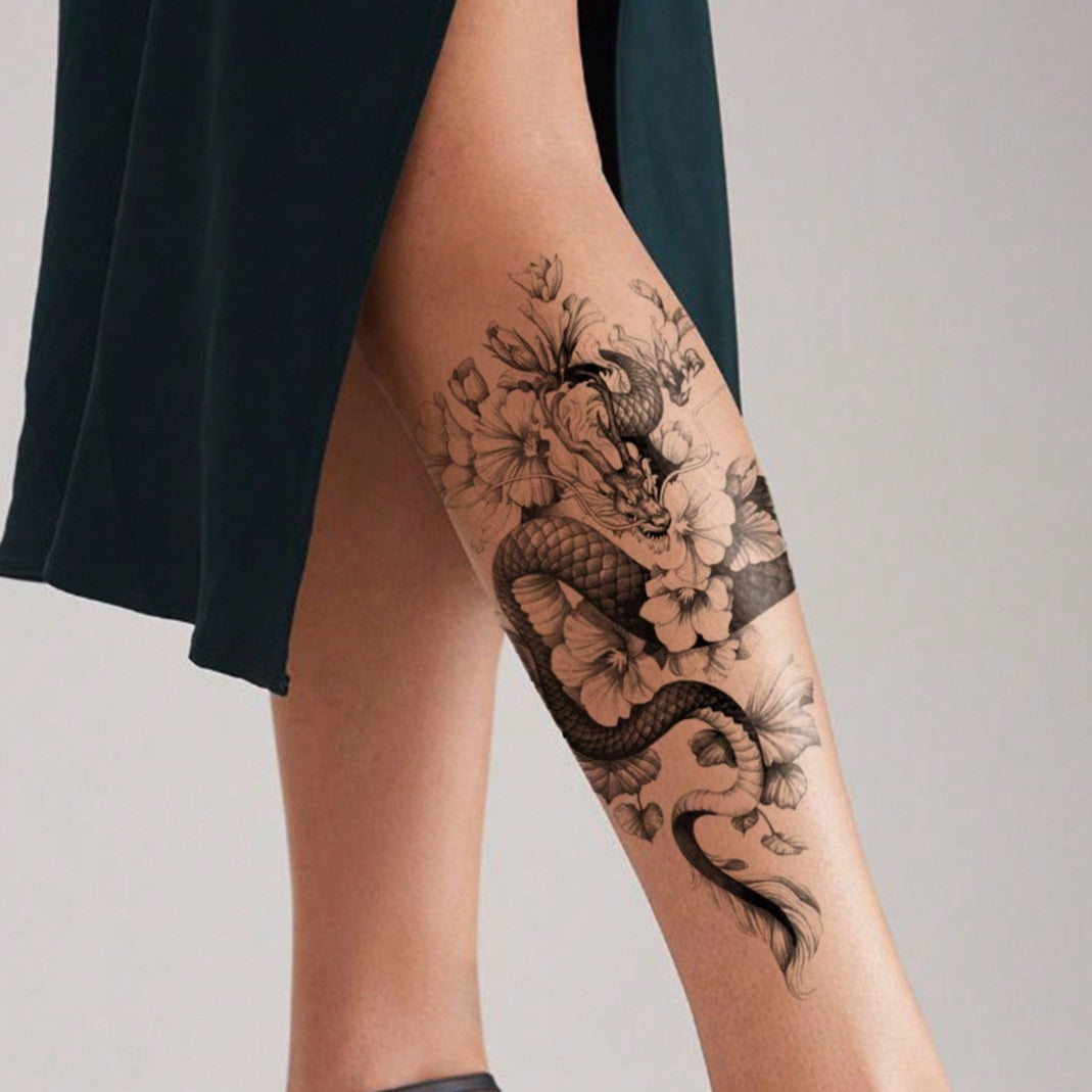 Tatuajes Temporales Impermeables Dragón Serpiente Cruz Rosa para Brazos y Piernas