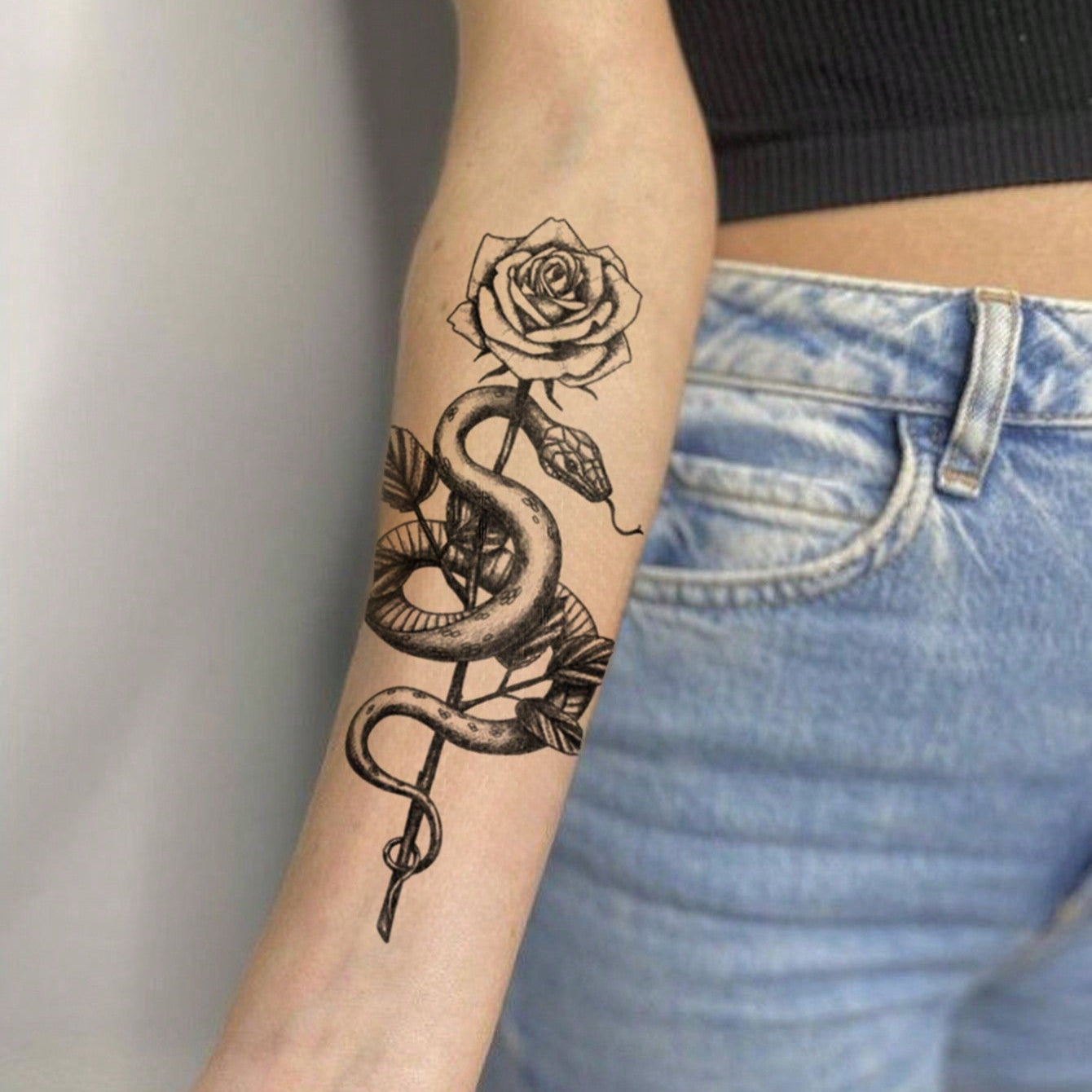 Tatuajes Temporales Impermeables Dragón Serpiente Cruz Rosa para Brazos y Piernas