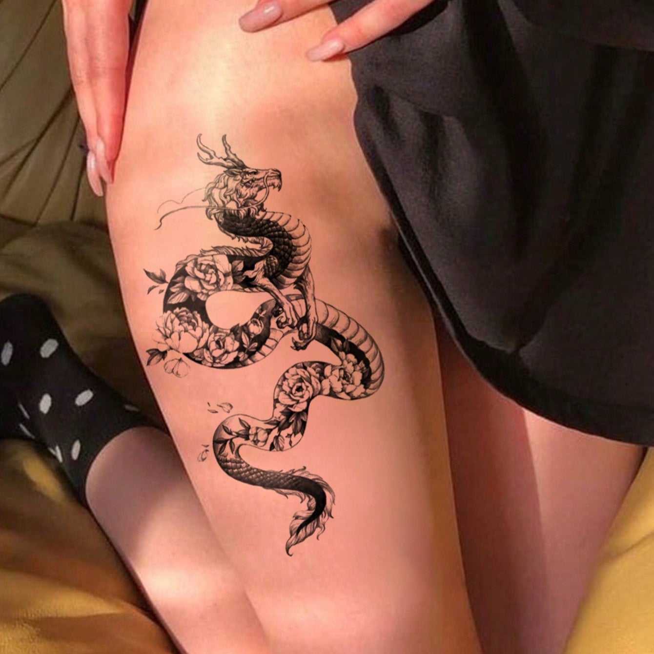 Tatuajes Temporales Impermeables Dragón Serpiente Cruz Rosa para Brazos y Piernas