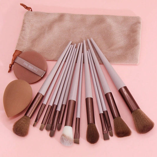 13pcs Conjunto de Cepillos de Maquillaje + 2 Esponjas de Maquillaje Marrones