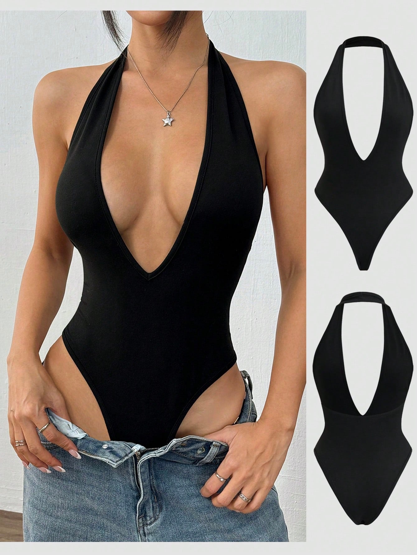Traje de mujer negro con escote en V y espalda descubierta
