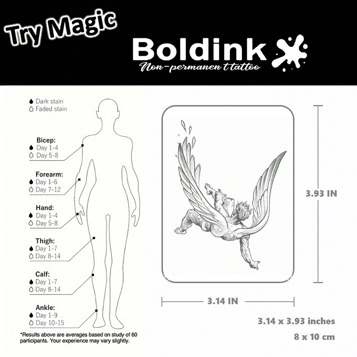 Tatuajes temporales Boldink - Ilustraciones de ángel caído, nuevo diseño, duración 1‑2 semanas, acabado mate y detallado