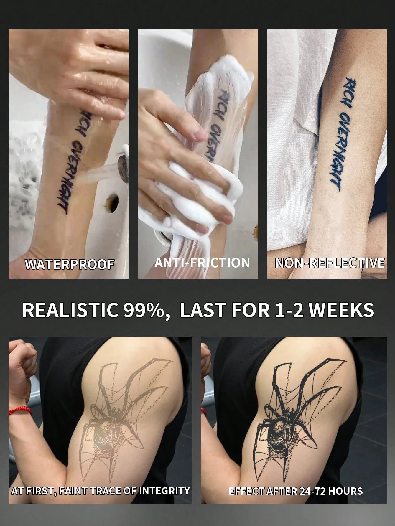 Tatuaje Temporal de Araña Negro Impermeable para Hombre y Mujer