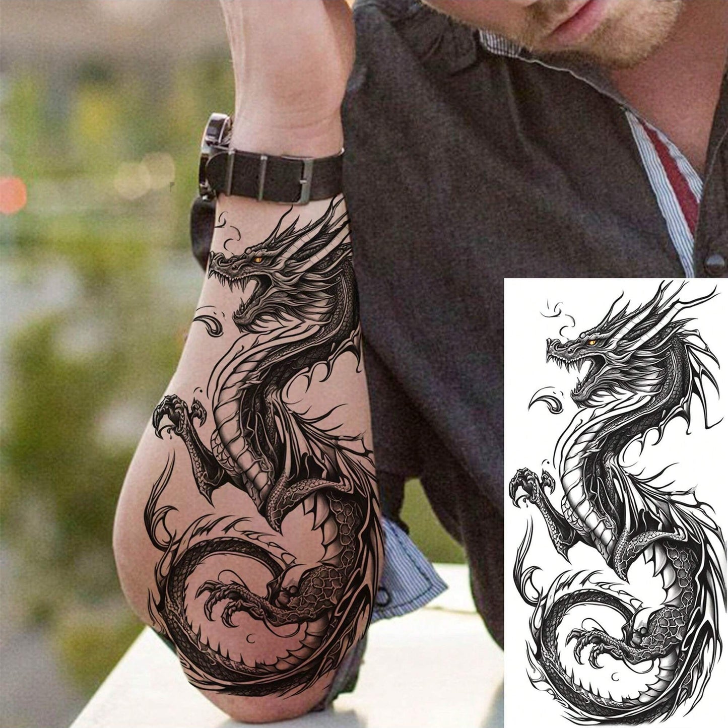 Juego de 8 Tatuajes Temporales de Dragón Negro Realista