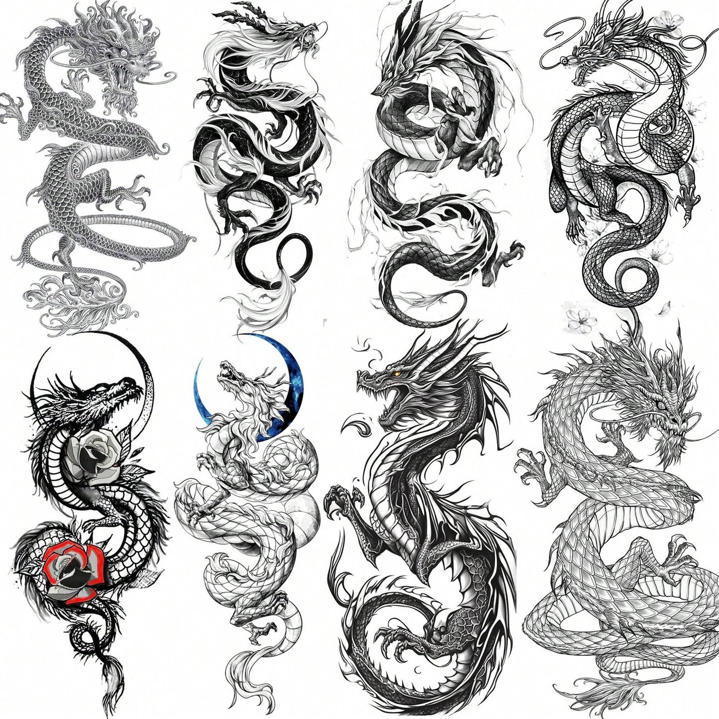 Juego de 8 Tatuajes Temporales de Dragón Negro Realista