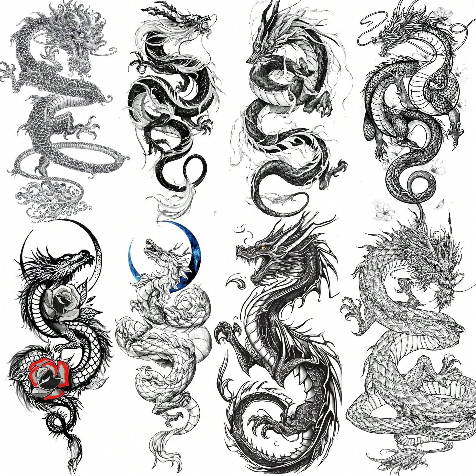 Juego de 8 Tatuajes Temporales de Dragón Negro Realista