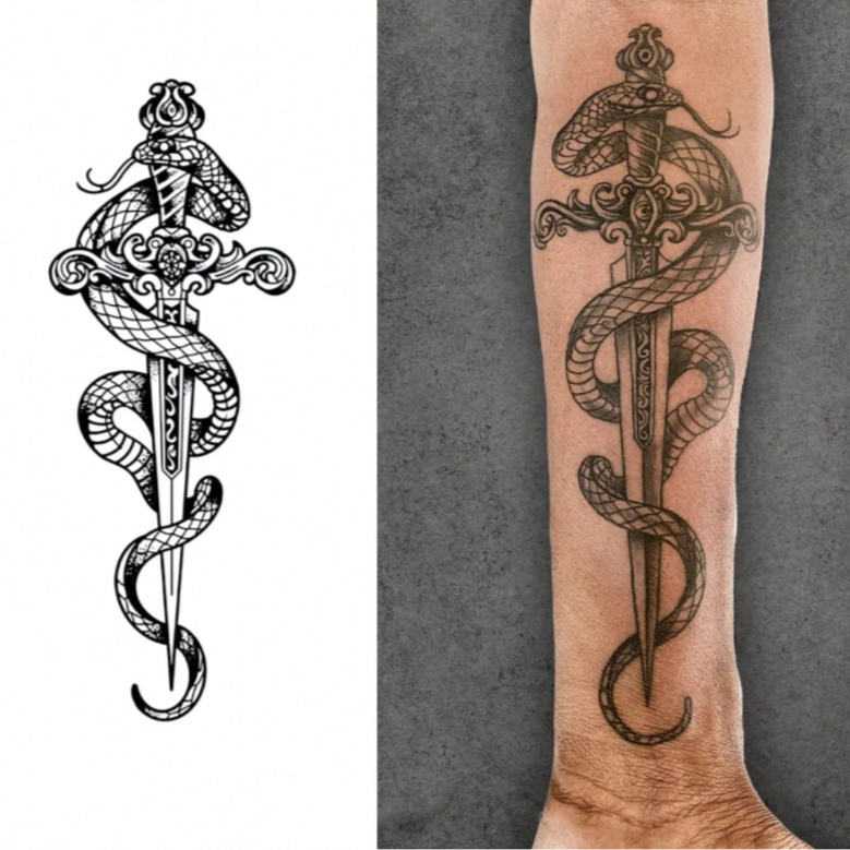 🔝 Tatuaje Temporal Serpiente y Espada INKARTLINK