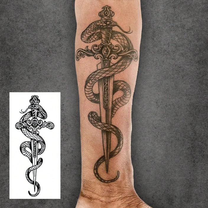 🔝 Tatuaje Temporal Serpiente y Espada INKARTLINK